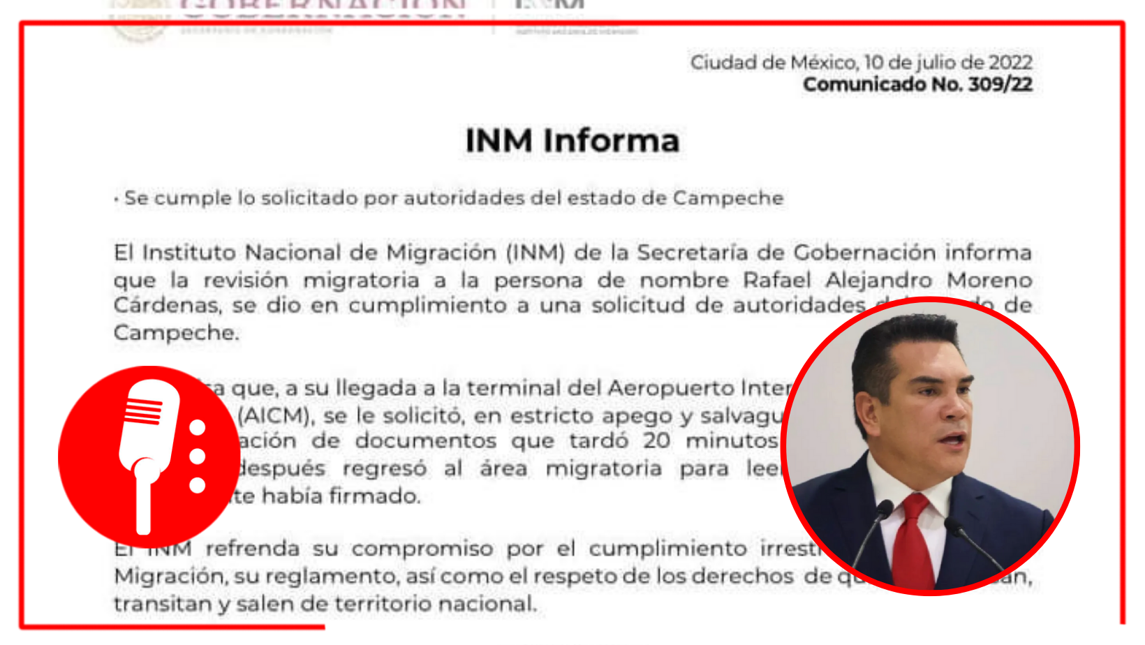 El Instituto Nacional de Migración, informó que la retención de “Alito” Moreno fue solicitada por autoridades de Campeche