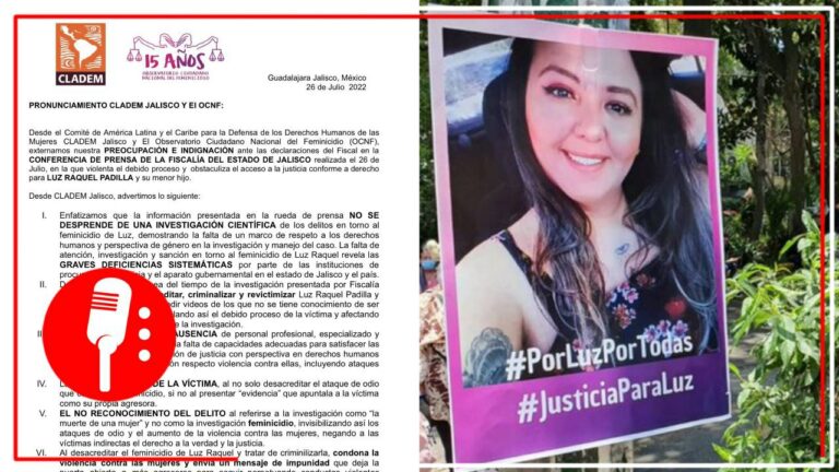 Comité de AL y el Caribe para la Defensa de los DD.HH. de las Mujeres denuncia que Fiscalía de Jalisco ha criminalizado, revictimizado y desacreditado a Luz Raquel Padilla