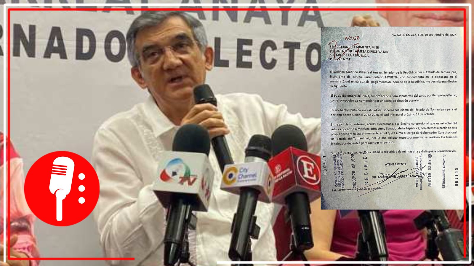 Américo Villareal notifica que volverá al Senado a cinco días de asumir gubernatura