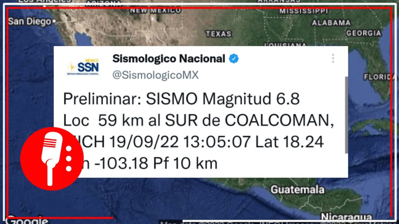 Se registra sismo de magnitud 6.8 con epicentro a 59 kilómetros al sur de Coalcoman, Michoacán