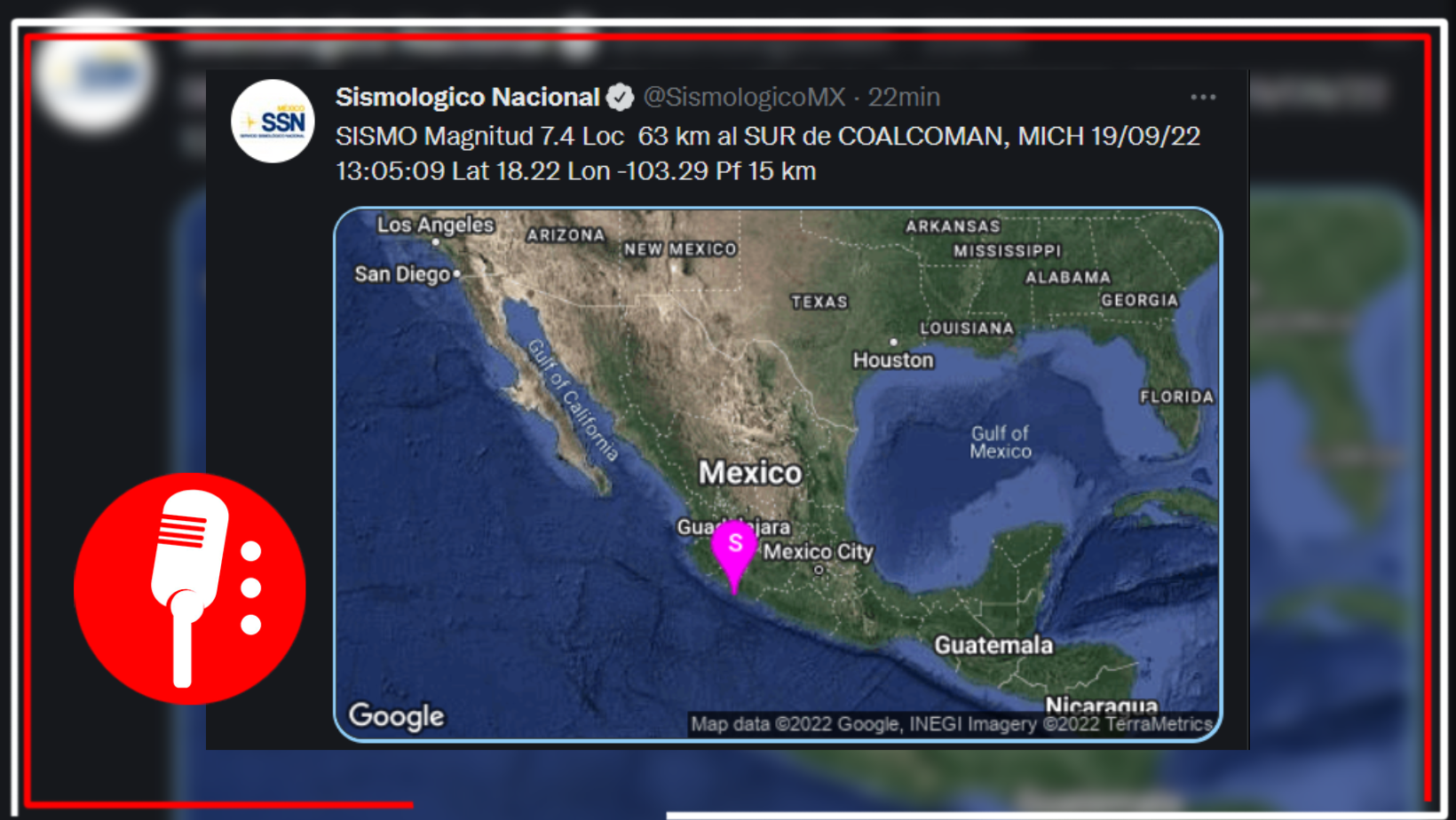 Actualización: Magnitud Final 7.4 de sismo con epicentro a 59 kilómetros al sur de Coalcoman, Michoacán