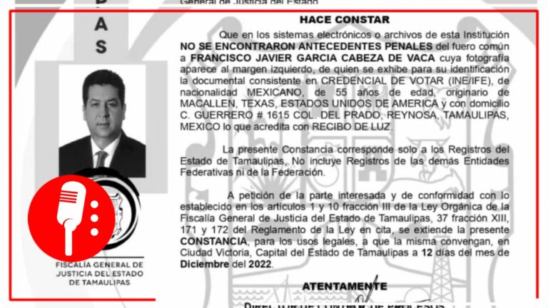 Fiscalía de Tamaulipas expide carta de antecedentes no penales a Cabeza de Vaca; iría por la senaduría