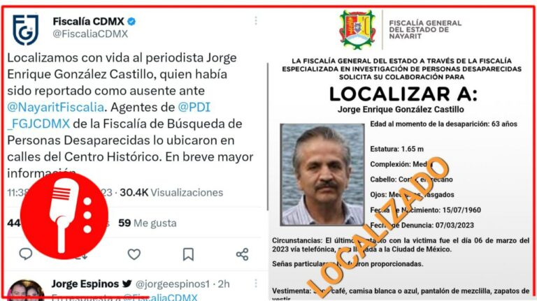 Fiscalía Capitalina localiza con vida al periodista Jorge Enrique González Castillo, director del periódico Meridiano