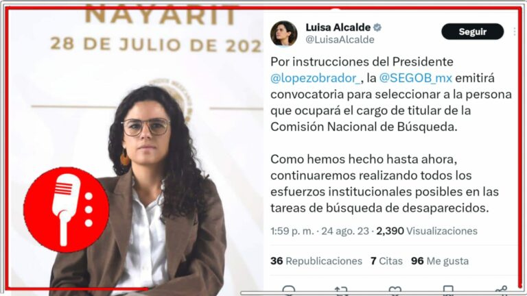 Luisa María Alcalde adelanta que se abrirá una convocatoria para elegir a nuevo titular de la Comisión Nacional de Búsqueda