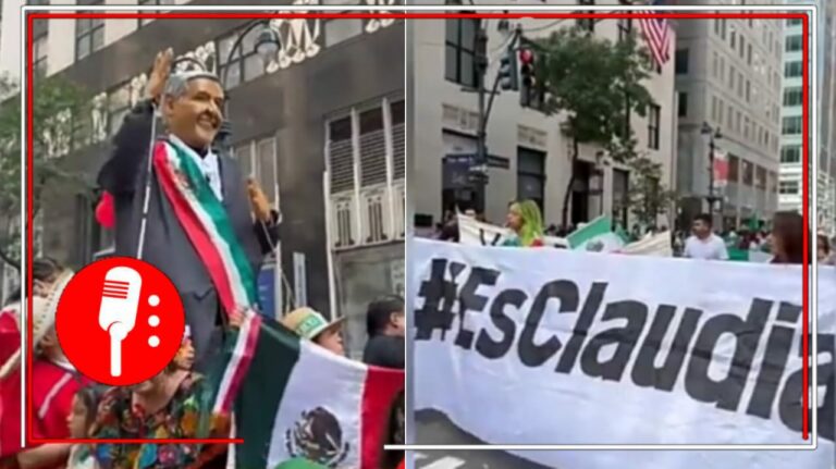 Mexicanos en Nueva York celebran la independencia con figuras de AMLO, Claudia Sheinbaum y Adán Augusto