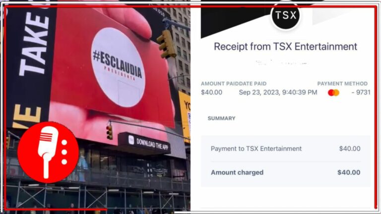 Anuncio de apoyo a Claudia Sheinbaum que duró 15 segundos en Times Square, Nueva York, costó 40 dólares, demuestra simpatizante que lo pagó (VIDEO)