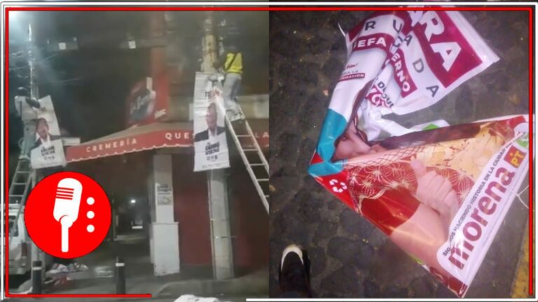 Denuncian que presuntos trabajadores de la Álvaro Obregón siguen retirando propaganda legal y correctamente colocada de Clara Brugada para poner promocionales de Taboada (VIDEOS)