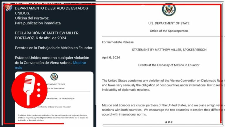 Los Estados Unidos condenan invasión de Ecuador a Embajada Mexicana y piden a &#8220;ambos socios estratégicos&#8221; resolver las diferencias por la vía diplomática y bajo las normas internacionales