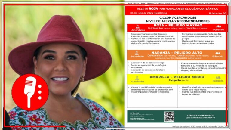 Autoridades se preparan ante la llegada de Beryl: Mara Lezama anunció que los municipios del oeste, este y centro de Quintana Roo ya se encuentran en Alerta Roja, la fase de Peligro Máximo