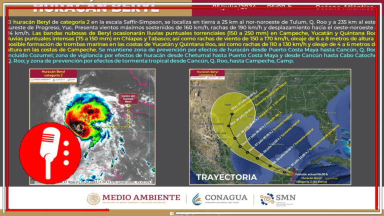 Quintana Roo en alerta roja ante llegada del huracán Beryl: Mara Lezama informa que se mantienen las zonas de prevención y vigilancia en distintos puntos