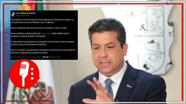 Hijo del prófugo Cabeza de Vaca, exgobernador de Tamaulipas, es interceptado por grupo armado