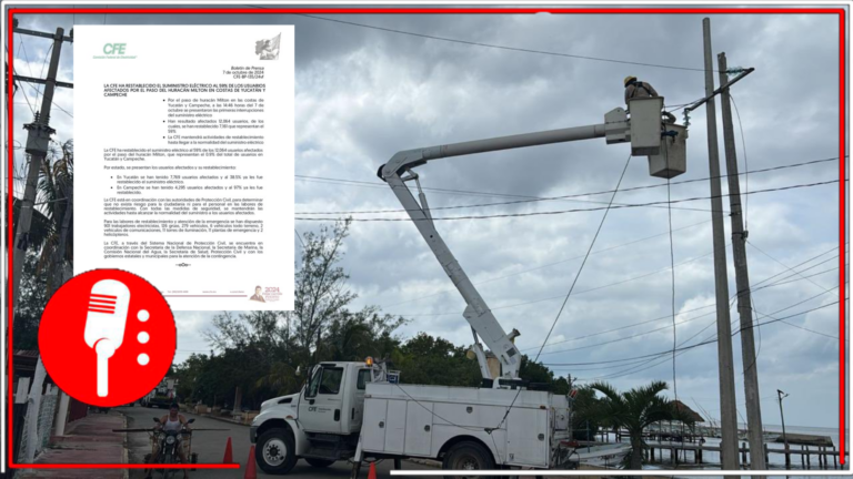 CFE restablece el suministro eléctrico al 59% de usuarios afectados por el huracán Milton en Yucatán y Campeche