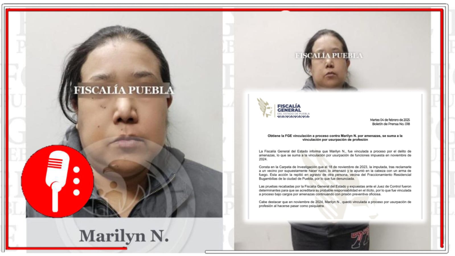 Fiscalía de Puebla vincula a proceso a Marilyn N. por amenazas; continúa proceso por usurpación de profesión
