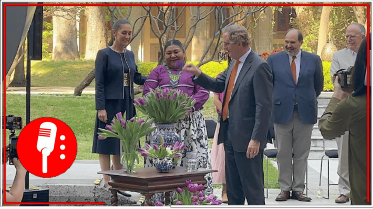 Wilfredo Mohr, embajador de los Países Bajos en México, y Sheinbaum encabezan la presentación del Tulipán de la Mujer Indígena