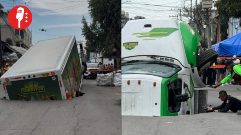 Socavón en Iztapalapa atrapa a un camión repartidor de refrescos