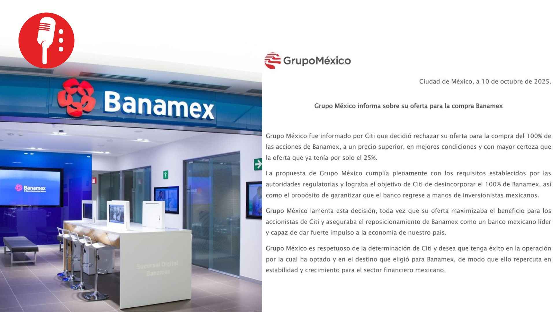 Grupo México lamenta que Citi rechace su oferta por Banamex