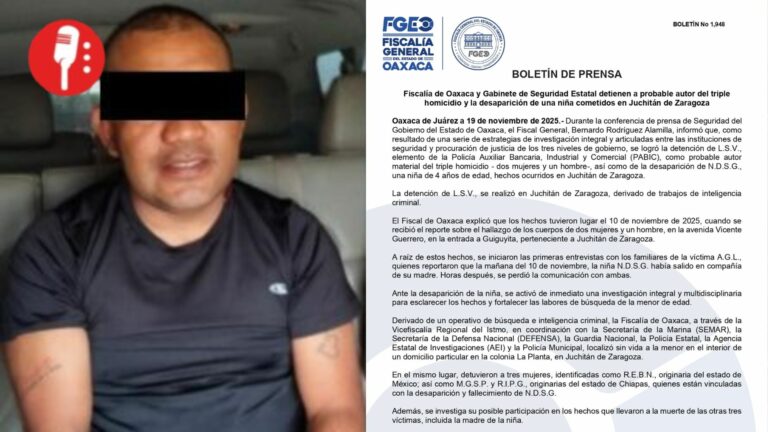 Detienen a policía acusado de triple homicidio y desaparición de niña en Oaxaca