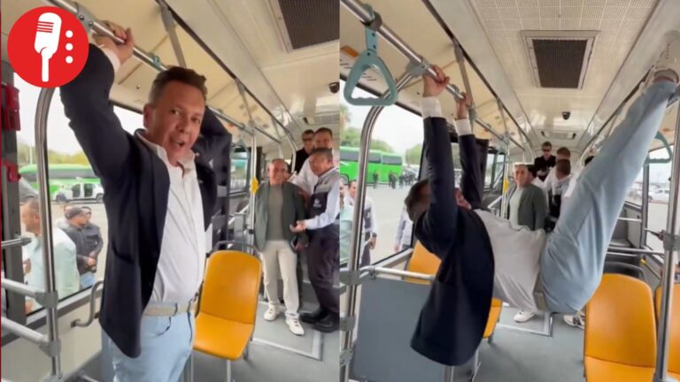 ¡Se sube al tubo! Pablo Lemus se cuelga de las barras metálicas del transporte público