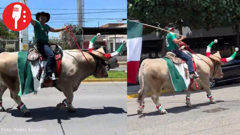 Aficionado celebra triunfo de México montado toro vestido tricolor