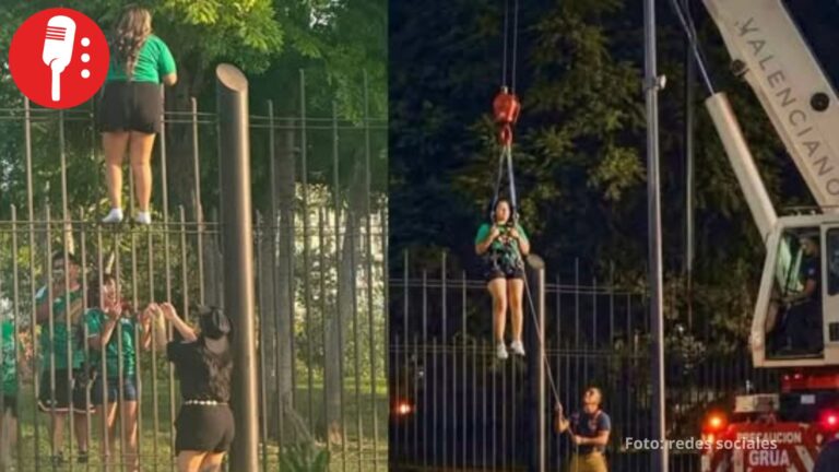 Aficionada queda atorada en una reja por intentar colarse al Fan Fest en Monterrey