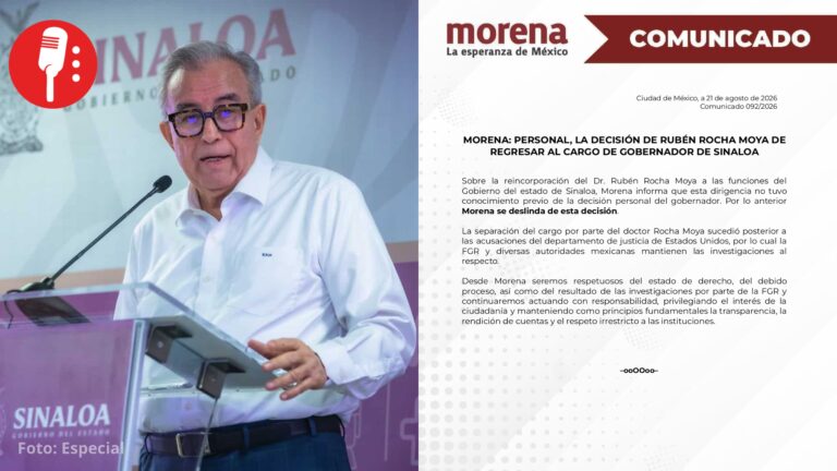 Morena se deslinda del regreso de Rubén Rocha Moya al Gobierno de Sinaloa